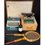 A child's Lilliput typewriter; an Imperial typewriter; an indenture; wooden tennis rackets; etc