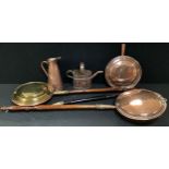 A 19th century copper watering can, c.1880; three 19th century warming pans, turned handles, c.1880;