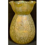 An Art Nouveau Loetz type iridescent glass frill top vase, 19.5cm high