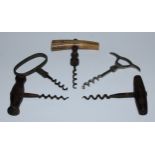 Wine - a 19th century direct-pull corkscrew, stag antler handle, baluster stem, wire helix worm,