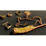 A Victorian gold coloured metal watch key; a gold plated Albert with fob; a compass; a bosun's