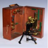 An early 20th century black painted and lacquered brass monocular microscope, by J Swift & Son,