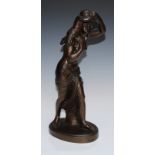 A 19th century brown patinated library sculpture, Baccante and Infant Faun, oval base, 45.5cm