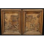 A pair of North European oak panels, carved in relief in the manner of Teniers with tavern dwellers,