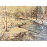 Ekstrand Winter River Scene signed, dated 1937, label to verso, oil on board, 32cm x 42cm