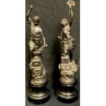 A pair of spelter figures, Industrie, made in England, reg.no. 777168, turned wooden bases, 53cm