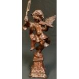 Continental School (Contemporary), a brown patinated bronze, Cherub Playing a Violin, 34cm high