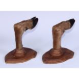 Taxidermy - a pair of deer hoof and fetlock wall mounted gun or crop rack brackets, shield mounts,