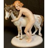 A Rosenthal figure group, designed by M H Fritz, female nude with dappled pony, number 788, 31cm