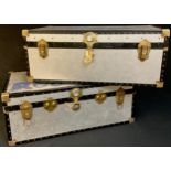 A large metal steamer trunk, 90cm long; another (2)