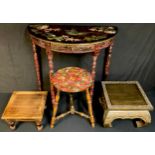 A hand painted demi-lune table; a hand painted stool; a Middle Eastern style stand; a rustic