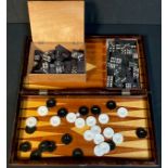 A mahogany backgammon box; two sets of dominoes
