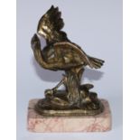 A French gilt metal desk sculpture, of a stork, marble base, 16cm high
