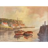 Don Micklethwaite British Harbour Scene signed, oil on canvas, 29.5cm x 39.5cm