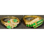 An unmarked gold ring, with channel set emeralds and diamond chips, size P; another similar,