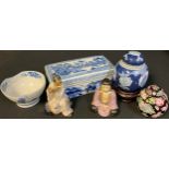 A Chinese blue and white porcelain rectangular pen box; a Japanese bowl; etc
