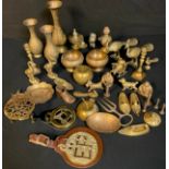 Copper and Brassware - assorted vases, peacock models, masonic compass horse brass, miniature
