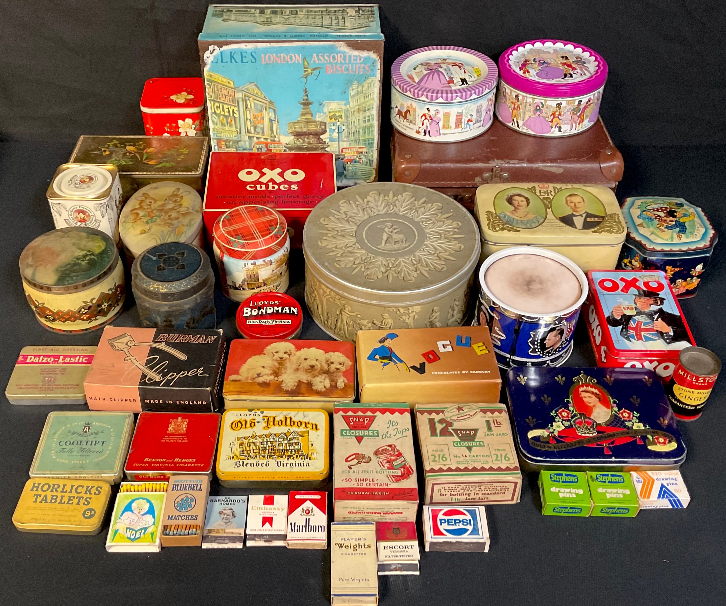 Advertising - tins, including Elkes biscuits, Millstone Stone Milled Ginger, 7cm, Oxo, Quality