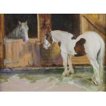 Iris Collett (b. 1938) Stable Friends signed, inscribed to verso, oil on board, 24.5cm x 32.5cm