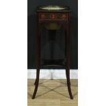 An Edwardian mahogany and marquetry bloom pedestal, canted square top with brass jardiniere liner,