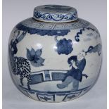 A Chinese ovoid ginger jar and cover, painted in tones of underglaze blue with a boy riding a kylin,