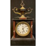 A late 19th century French black slate and rouge marble mantel alarm clock, urn finial, white dial