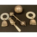 A silver novelty baby's rattle, as a rabbit; others, various (5)