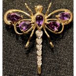 A 9ct gold amethyst and diamond dragonfly brooch, 2.3g, boxed