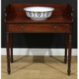 A George IV mahogany washstand, three-quarter gallery, rectangular top outlined with satinwood