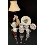 A Lladro mantel clock; an Italian Giuseppe Armani figural table lamp, Florence 1982, 60cm overall; a