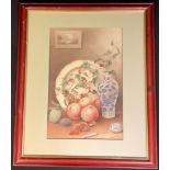 English School Still Life, Chinese vase and fruit signed, dated 1929, watercolour, 46cm x 31cm