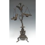 A 19th century Grand Tour bronze tripod lampstand, cast in the Renaissance manner as a crane upon