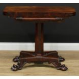 A George/William IV rosewood rounded rectangular card table, folding top above a deep frieze applied