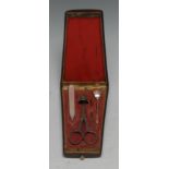 A 19th century lady's rosewood and marquetry tapering necessaire, the hinged cover enclosing an