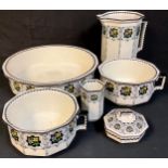 An Edwardian Cauldon chamber set comprising wash jug and bowl, chamber pots, soap dish, toothbrush