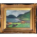 W H Allen Highland Cattle by Lock Stuart, Argyll signed, oil, 17.5cm x 23.5cm