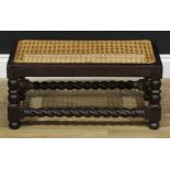 A 19th century Anglo-Indian hardwood rectangular stool, cane top, turned legs, spirally turned