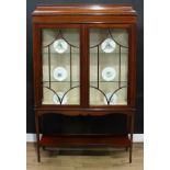 An Edwardian mahogany display cabinet, rectangular concave caddy top with faux-dentil band above a
