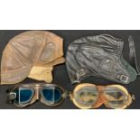 Motoring goggles and leather motoring helmets