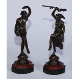 French School (19th century), a pair of brown patinated bronzes, dancing bacchantes, octagonal rosso