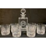 A cut glass whisky decanter engraved with, Isle of Arran Distillers, a set of six cut glass whisky