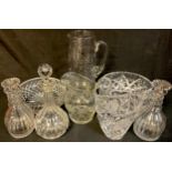 Glassware - a pair of Regency decanters, 21cm high; another decanter; a Victorian cut glass jug;