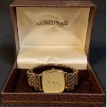 A 9ct gold Longines Quartz Presence gentleman's wristwatch, the square champagne dial with baton