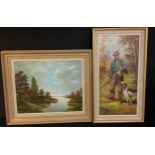 Valente Huntsman with Gun Dog and Game signed, 59cm x 28cm, oil on canvas; V D Velden A Quiet