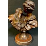 A dark patinated bronze bust, The Kiss, unsigned, wooden plinth base, 28cm