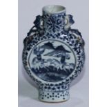 A Chinese moon flask, painted in tonese of underglaze blue with cavalry soldiers, 15.5cm high,