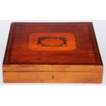 A George III satinwood and parquetry rectangular writing box, hinged sloping cover, 33cm wide, c.