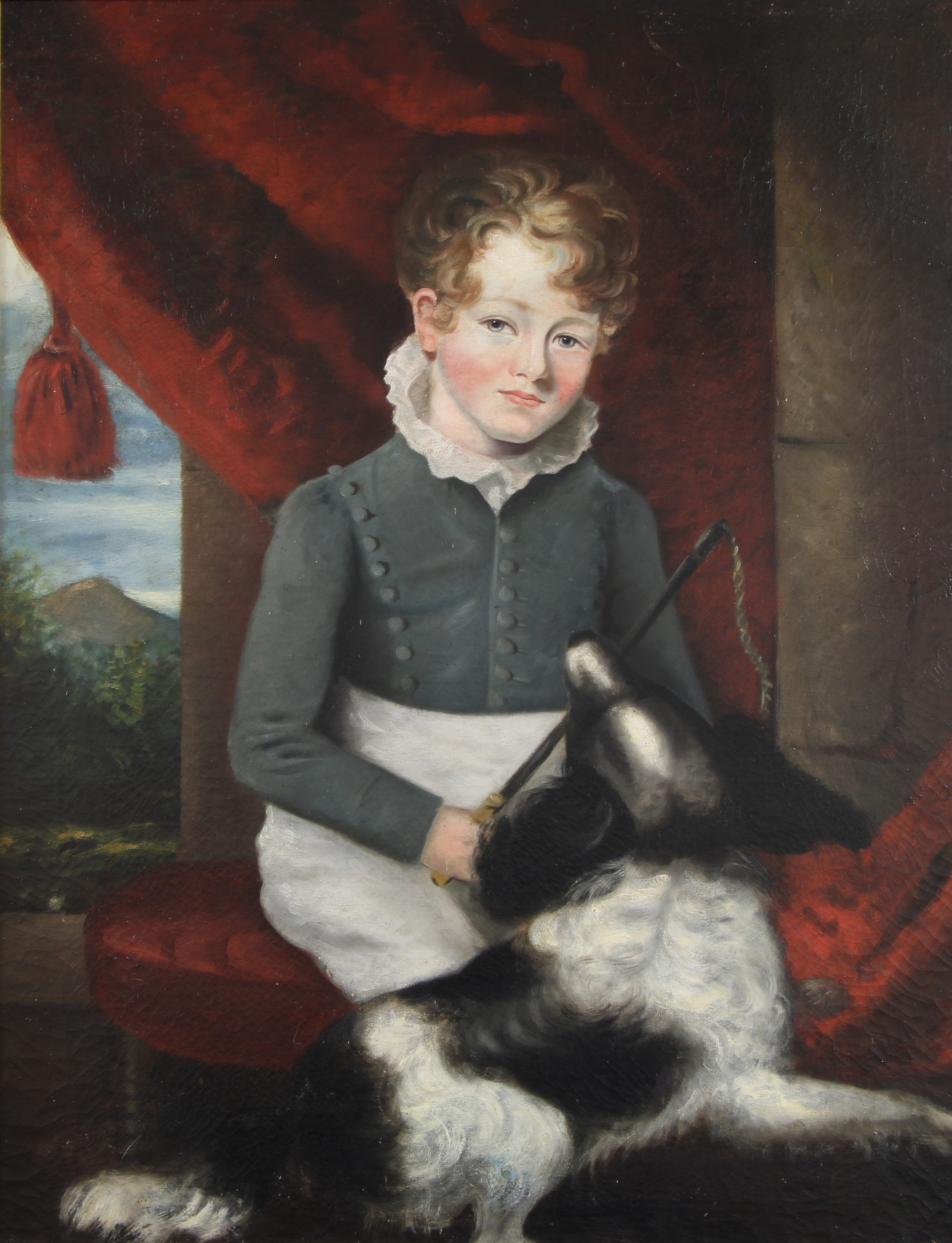 English School (early 19th century) Portrait of a Young Gentleman, with Riding Crop and Dog