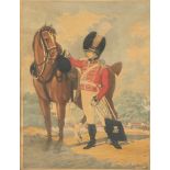 Interior Decoration - a 19th century furnishing print, of a military officer and horse, 36cm x 27cm,