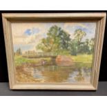 Nancy Hanna River Scene with Wooden Bridge signed, oil on canvas, 43cm x 53cm